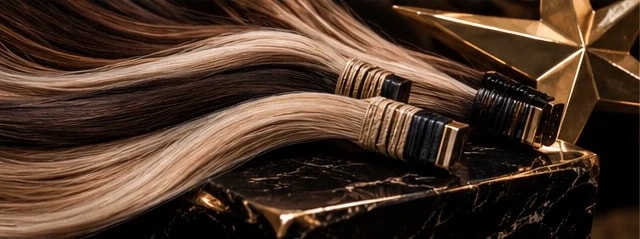 Spellbound extensions in blonde and brunette on black marble, beside a gold star